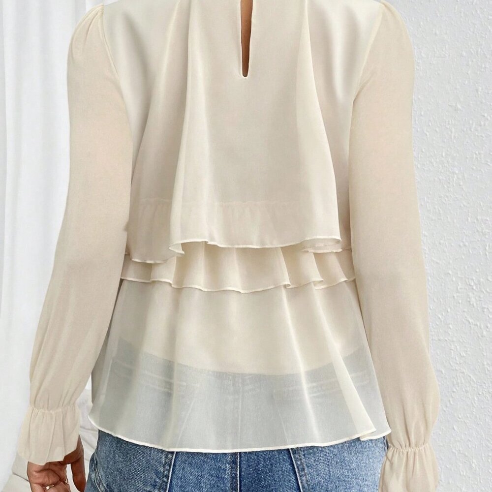 Apricot Casual Women's Loose Ruffled Chiffon Long-Sleeved Shirt Blouse - Picture 2 of 7